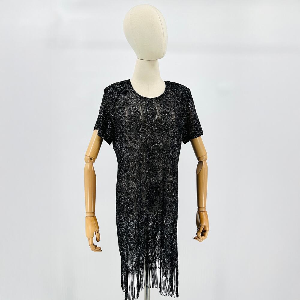 Vintage 80s Sharade Nites Metallic Knit Black Flapper Fringe Sheer Dress